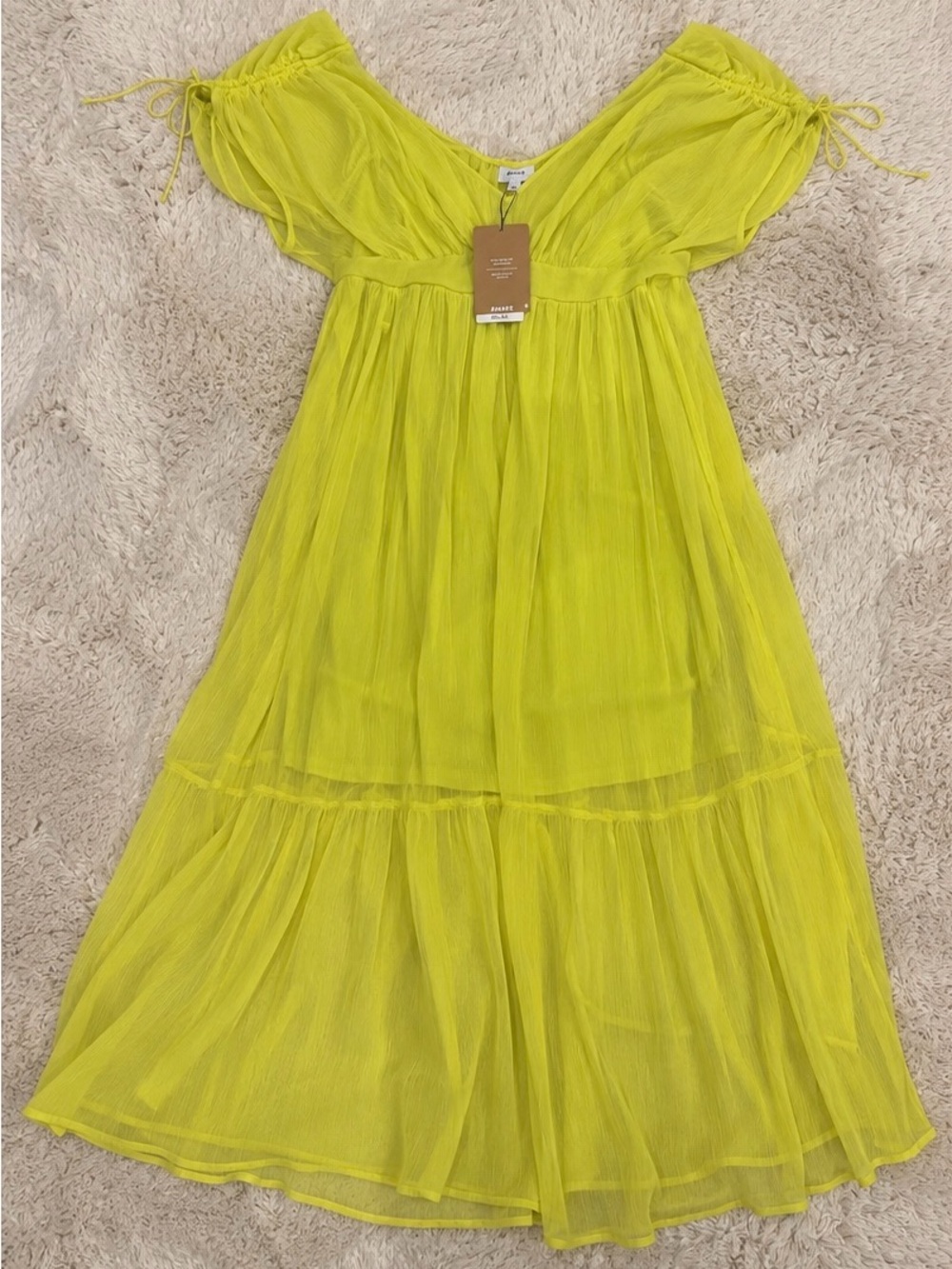 NWT AWARE by Vero Moda Lime Green Maxi Dress Off Shoulder Tie Sleeve L